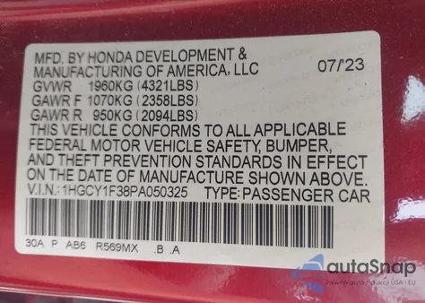 2023 Honda Accord Ex from USA, damaged, VIN 1HGCY1F38PA050325